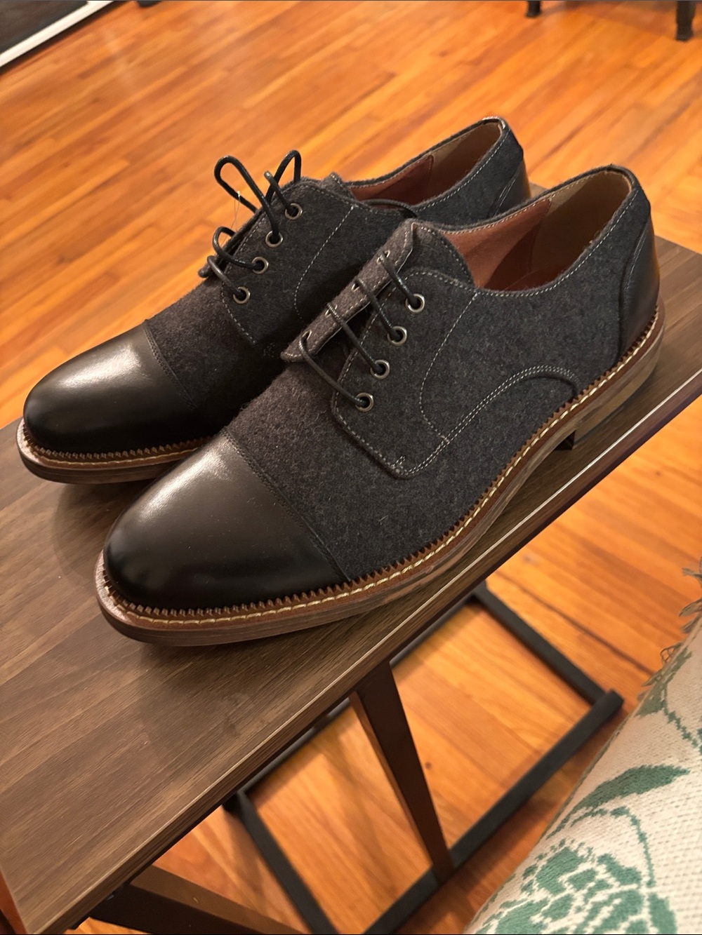 Men's Black Leather Cap-Toe Derby with Charcoal Wool Upper